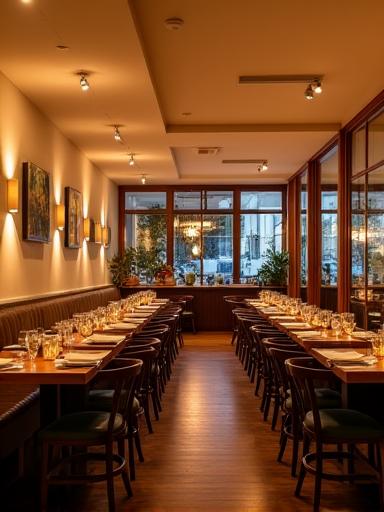 Interno del ristorante con tavoli in legno e luci calde